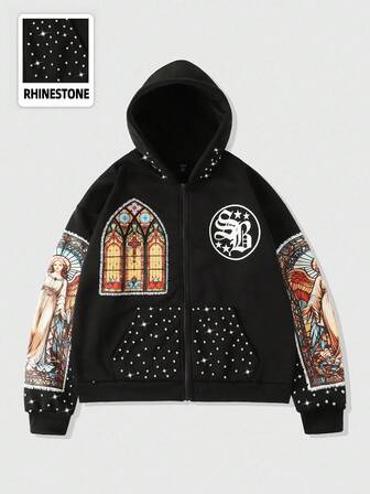 Street Life Sweat-shirt-shirt religieux pour hommes avec imprimé diamant scintillant, style ample et court, pour l'automne