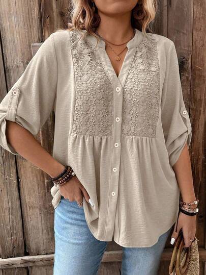 Weeklong Plus Size Lace Patchwork 3/4 Sleeve V-Neck Button Down Casual Vacation Shirt