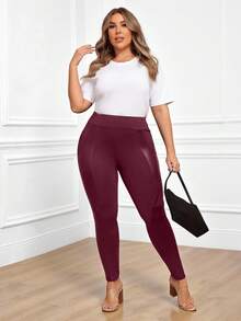 Miaspire Plus Size Women's PU Leather Splice Leggings,Fall/Winter - Burgundy - View 6