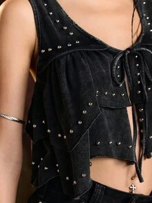 Easelle Camiseta de tirantes con decoración de cuentas y cordones, de moda para mujer, para el verano - Negro - Ver 6