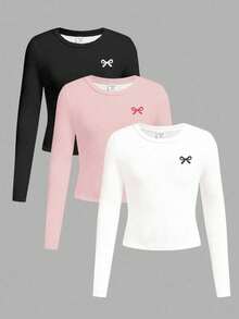 SHEIN 3 件套 Tween 女童修身休闲简约蝴蝶结装饰圆领长袖短款 T 恤，奶油白色、奶油粉色、深黑色，适合秋冬季 - 彩色 - 查看 4