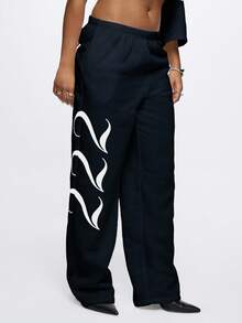 SUMWON WOMEN 奢华天使文字运动裤家居服舒适文字印花宽松休闲秋冬宽腿舒适时尚裤 - 藏蓝色 - 查看 2