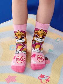 SHEIN | PAW Patrol 2 双棉质柔软透气吸湿排汗儿童男童中筒袜粉色蓝色可爱卡通中筒袜加固脚趾和脚跟，经久耐用男女通用，适合男孩和女孩，四季百搭，适合学校和户外，夏季冬季，狗狗，Skye，Chase - 彩色 - 查看 4