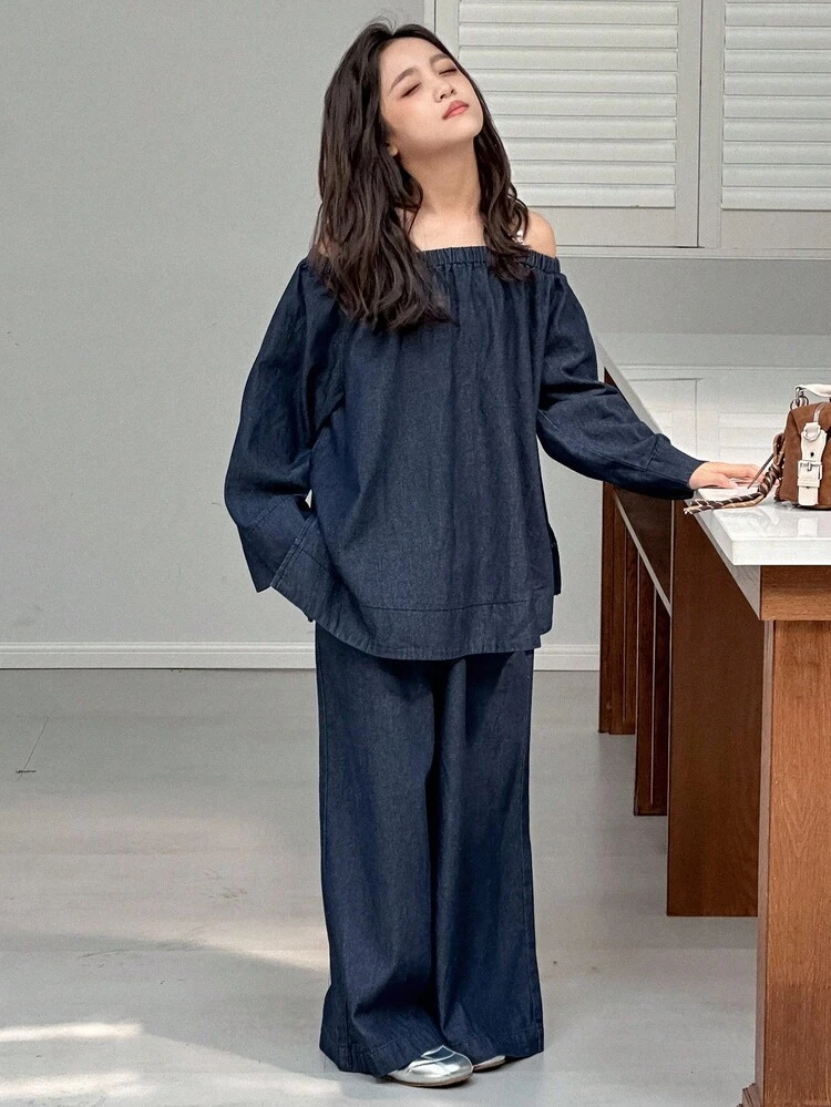 Girls Daily Denim Off Shoulder Top & Pants Set