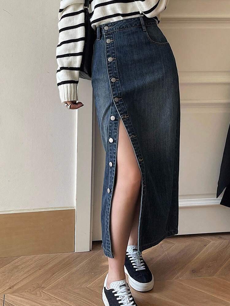 Women's Button Decor Denim Skirt, Casual And Fashionable For Everyday Wear Jeans Skirt