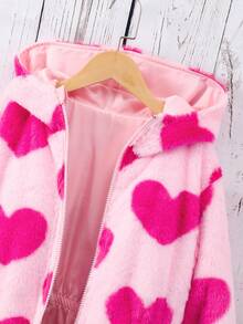SHEIN 少女心形图案双面连帽休闲夹克，秋冬 - 玫紅色 - 查看 7