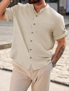 Manfinity Homme Camisa casual de manga corta de un solo pecho con unicolor talla grande para hombres - Albaricoque - Ver 3