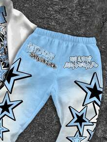 SHEIN 2 件套青少年男孩休闲经典星星印花、时尚文字和肖像图案连帽运动衫和喇叭裤，适合秋冬季、Y2K 服装、街头服饰 - 彩色 - 查看 5