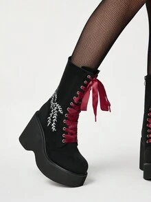 ROMWE Grunge Punk Women's Fashion Solid Color Suede Platform Mid-Calf Boots, Autumn/Winter Punk Gothic Style White Embroidery Pattern Lace-Up Side Zipper Round Toe Elastic Comfortable High Heel Knight Boots - Black - View 3