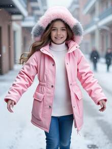 SHEIN Cappotto imbottito lungo e caldo per ragazze pre-adolescenti, casual e versatile per la scuola e l'uso quotidiano, con tasche, coulisse in vita, in colore sfumato rosa e contrasto fuzzy, adatto per l'autunno e l'inverno - Rosa - Visualizzare 1