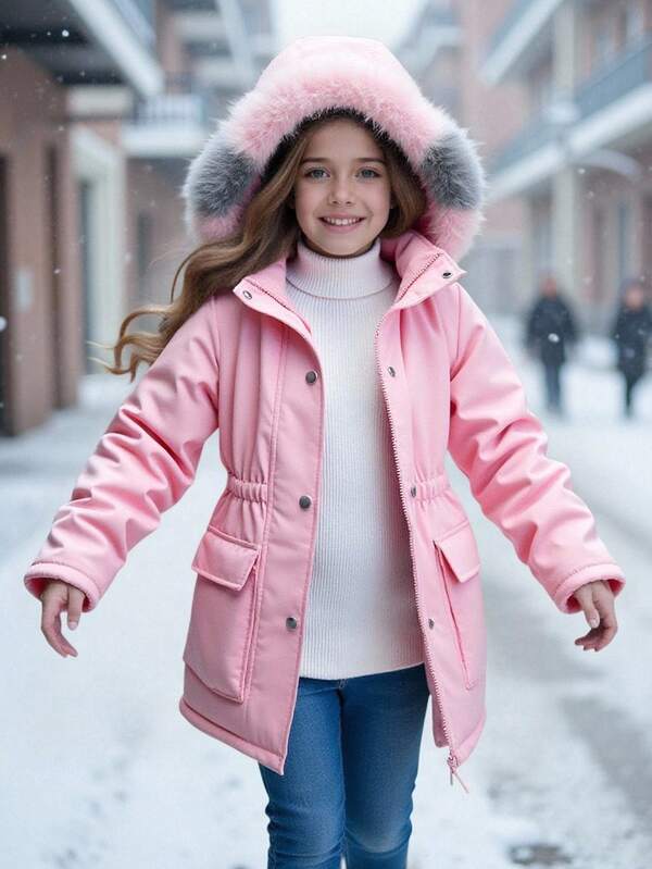 SHEIN Tween Girls Casual All-Match Versatile Daily School Pink Ombre Fuzzy Contrast Pocket Drawstring Waist Long Warm Padded Coat Fall Winter