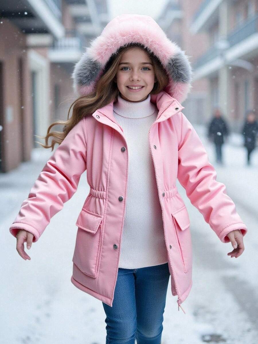SHEIN Cappotto imbottito lungo e caldo per ragazze pre-adolescenti, casual e versatile per la scuola e l'uso quotidiano, con tasche, coulisse in vita, in colore sfumato rosa e contrasto fuzzy, adatto per l'autunno e l'inverno - Rosa - Visualizzare 1