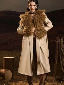 Easelle 风衣卡其色拼接皮草长款毛领秋冬复古 - 卡其色 - 查看 3
