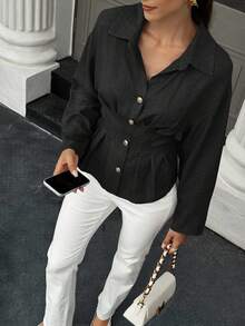 EMERY ROSE Women's Casual Solid Color Waist Cinched Button-Down Long Sleeve Shirt