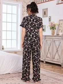 CottageSlumber Ruffled Collar Open Front Floral Print Short Sleeve Pajama Set For Women - Multicolor - View 2