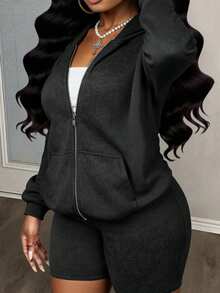 SHEIN Slayr 2025 Summer Autumn And Winter New Casual Loose Black And Gray Snow-Washed Fabric Hooded Cardigan Long Sleeve Sweater + Short Sweatpants Women Two Pieces Set, Suitable For Daily Travel, Shopping, Back To School, Graduation, Brunch Outfit, Airport Outfit, Friends Gathering, Sports And Casual Outfit-A Women 2 Pieces Shorts Set Two Pieces Hoodie Set Women Women Sweatsuit Set - Black - View 1