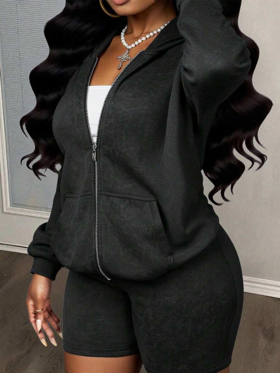 SHEIN Slayr 2025 Summer Autumn And Winter New Casual Loose Black And Gray Snow-Washed Fabric Hooded Cardigan Long Sleeve Sweater + Short Sweatpants Women Two Pieces Set, Suitable For Daily Travel, Shopping, Back To School, Graduation, Brunch Outfit, Airport Outfit, Friends Gathering, Sports And Casual Outfit-A Women 2 Pieces Shorts Set Two Pieces Hoodie Set Women Women Sweatsuit Set - Black - View 1