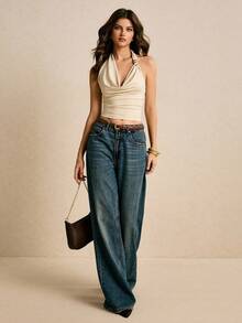 Poéselle Áo hai dây hở lưng màu trơn gợi cảm cho nữ, mùa hè - Màu be - Xem 5