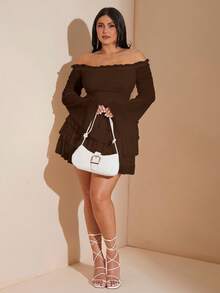 SHEIN BAE 大码秋季甜美性感白色荷叶边纹理露肩长袖褶皱分层荷叶边迷你连衣裙 - 咖啡棕 - 查看 6