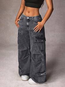 SHEIN PETITE Women's Solid Color Retro Casual Cargo Style Straight Leg Versatile Jeans - Grey - View 1