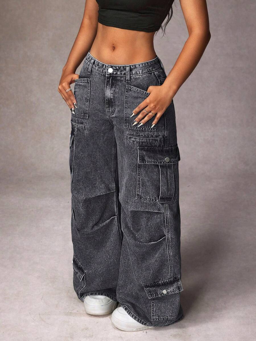 SHEIN PETITE Women's Solid Color Retro Casual Cargo Style Straight Leg Versatile Jeans - Grey - View 1