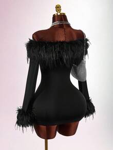 Y2K Amplova BLACK Christmas New Year Thanksgiving Party Women's Solid BLACK Color Faux Fur Off Shoulder Long Sleeve Fitted Fashionable Mini Dress