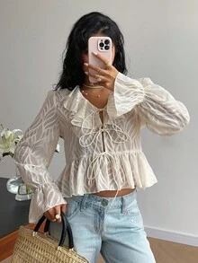 Serisse Damen Französischer Lässig Bindeknoten Volant Saum Bluse, Volant Bluse, Herbst für Frauen, Homecoming, Ausgehen Oberteile Frauen, Date Night, Hochzeitsgast, Business Lässig Frau, Old Money Stil, Thanksgiving Shirt, Neujahrskleider, Winterkleidung für Frauen