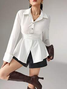 Heiryn Women's Elegant Commuter Solid Color Tie Waist Shirt - White - View 5