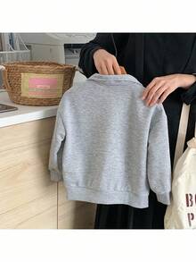 SHEIN Young Girl Solid Color Christmas Pattern Stand Collar Half-Zip Casual Sweatshirt Autumn Winter Clothes - Grey - View 2