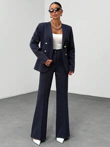 EURMUSE Striped Suit Set, Gold Details Blazer & Flared Fit Pants - Navy Blue - View 3