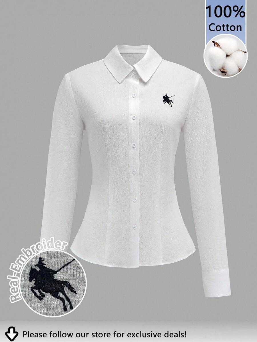 Tseoso Women's Casual Waist Cinched Long Sleeve Button-Up Shirt, Suitable For Autumn/Winter, 100% Cotton, Back To School, Embroidered Small Logo, Chic Blouses For Women Autumn And Winter - Multicolor - View 1