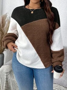 SHEIN LUNE Plush Warm Color Block Crew Neck Plus Size Sweatshirt Fall Sweater Winter Tops For Women Pullover For Women Brown Sweater Women Sweater - Coffee Brown - View 1