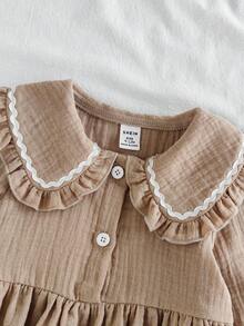 SHEIN Vintaside Kids 2 件套女婴休闲学院风翻领长袖上衣和裤子套装，适合春秋季日常穿着