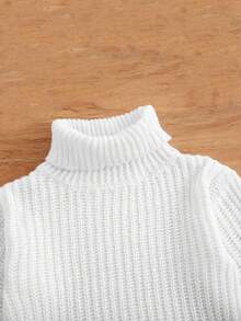 SHEIN Genkimix Kids Girls Turtleneck Lantern Sleeve Jumper - White - View 4
