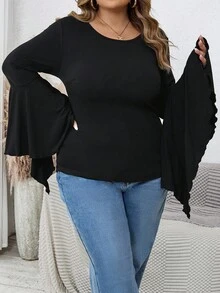 SHEIN CURVE+ Plus-Size Women's Black Long-Sleeved Flared-Sleeve Fitted Top, Dark Style/Fall/Winter - Black - View 3