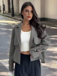 Firerie 女式新款卡其色腰带风衣，带口袋，秋冬女装 - 灰色 - 查看 10