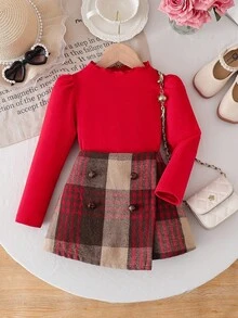 2 Stück/Set Elegantes, süßes Top für Kleine Mädchen mit Rüschenkragen und Langarm + karierter Skort mit asymmetrischem Saum, geeignet für Weihnachten, Urlaub, Reisen, Frühling & Herbst - Rot - Übersicht 3