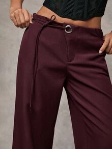 SHEIN BAE Women's Gray Solid Color Casual, Commuting, Leisure, Daily Casual Waist Eyelet Decor Drawstring Loose Wide Leg Pants - Maroon - View 6