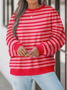 EMERY ROSE Damen Große Größen Locker Lässig gestreifter Kontrast Farbblock Langarm Sweatshirt, geeignet für Halloween, Weihnachten, Herbst/Winter