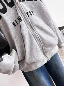 1pc Teen GirlCasual Minimalist Letter Print Pocket Zip-Up Sweatshirt Jacket, Simple Streetwear Style, Essential For Autumn/Winter Fall - Grey - View 3