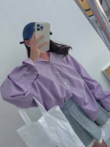 DAZY 女式翻领宽松条纹百搭衬衫，蓝色，春夏秋装，秋季女装长袖上衣 - 紫色 - 查看 4