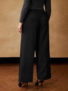 MOTF PREMIUM PLUS SIZE WOMEN'S SOLID MINIMALIST STRUCTURED DESIGN SEAM FRONT WIDE LEG PANTS - Black - View 3