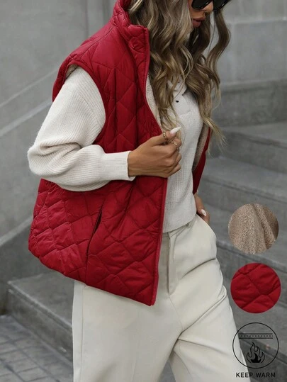 Aveloria Modichic Abrigo de invierno con cuello alto, cremallera y acolchado con relleno sintético aislante a cuadros de diamante para mujer, chaqueta y chaleco de invierno para otoño/invierno