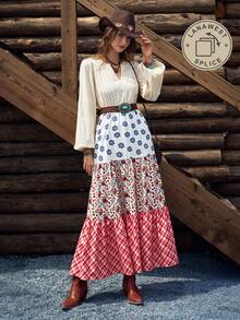 SHEIN LUNE Gaun Panjang Wanita Lengan Lentera Motif Patchwork - MultiWarna - View 8