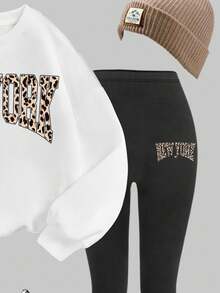 Slaydiva 2pcs Women Plus Size White Winter Basic Casual Everyday Back-To-School Leopard New York Slogan Print Loose Crew Neck Sweatshirt And Leggings Set - Multicolor - View 4