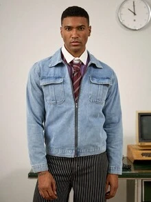 RivetRise Casual Faded Washed Blue Fitted Denim Jacket With Large Pockets, Spring/Autumn