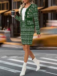 SHEIN Clasi Women's Elegant Plaid Pattern Jacket And Pencil Skirt Suit, Suitable For Office And Commute - Dark Green - View 3