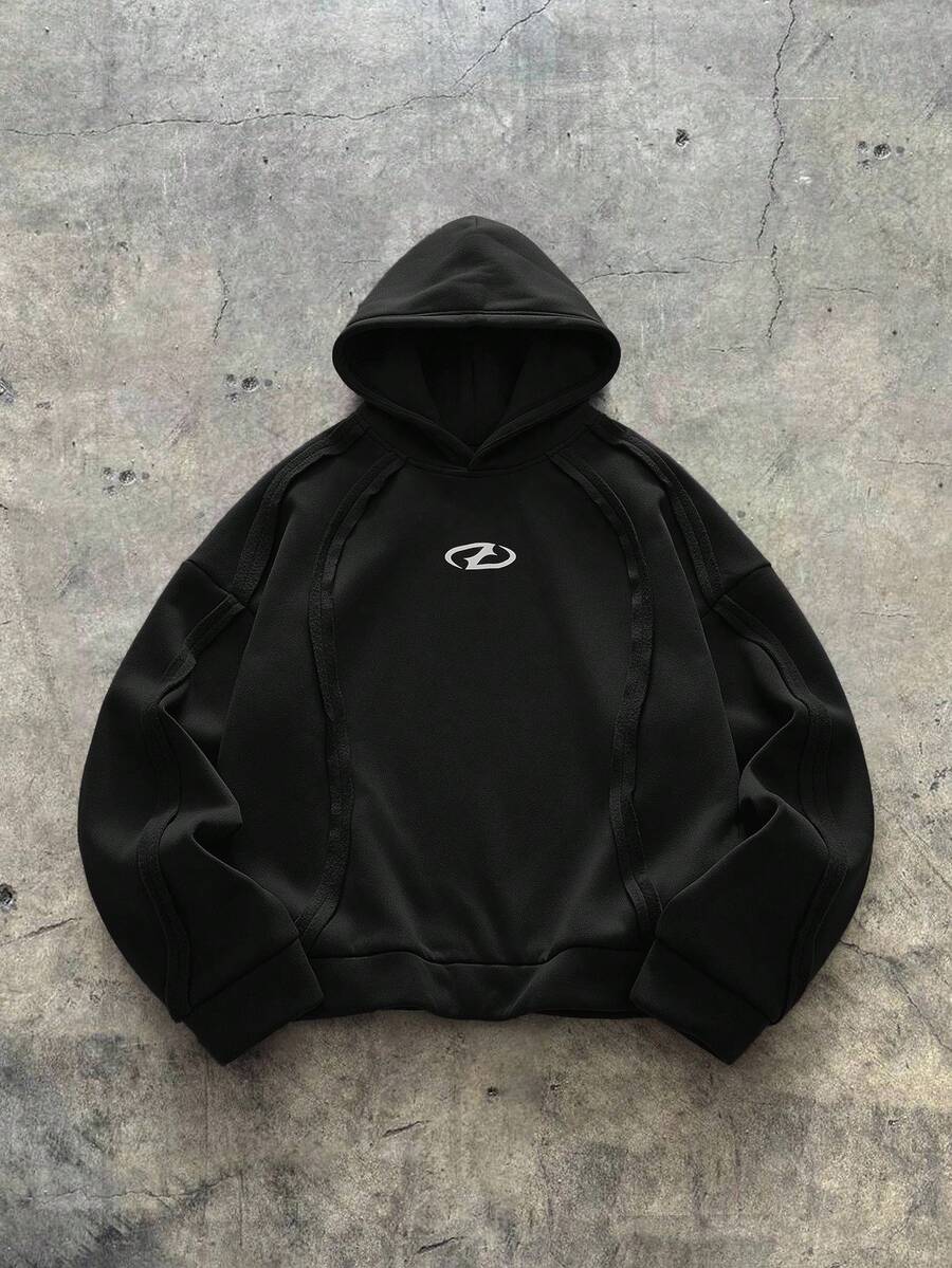 AXEPEAK 大码男士几何印花长袖休闲宽松连帽运动衫 - 黑色 - 查看 1