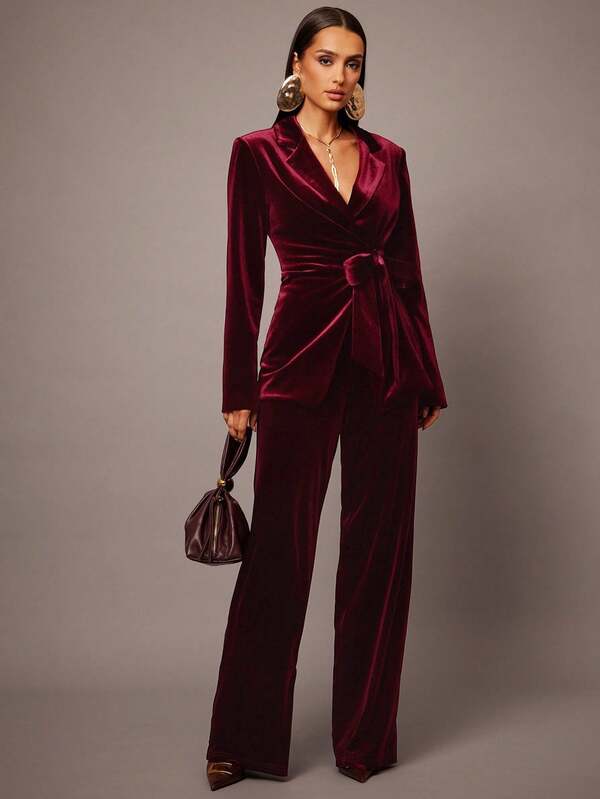 Silquee Women's Solid Color Regular Shoulder Lapel Collar Fashion Long Sleeve Suit Set Christmas Is Suitable For Graduation Party, Wedding Guest Dress, Date, Banquet, Party, Sister Gathering, Dance Burgundy Autumn Winter Clothes For Women