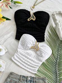 Soleia 2 件女式夏季性感度假风格纯色纹理面料金属装饰褶饰修身抹胸 - 黑與白 - 查看 5